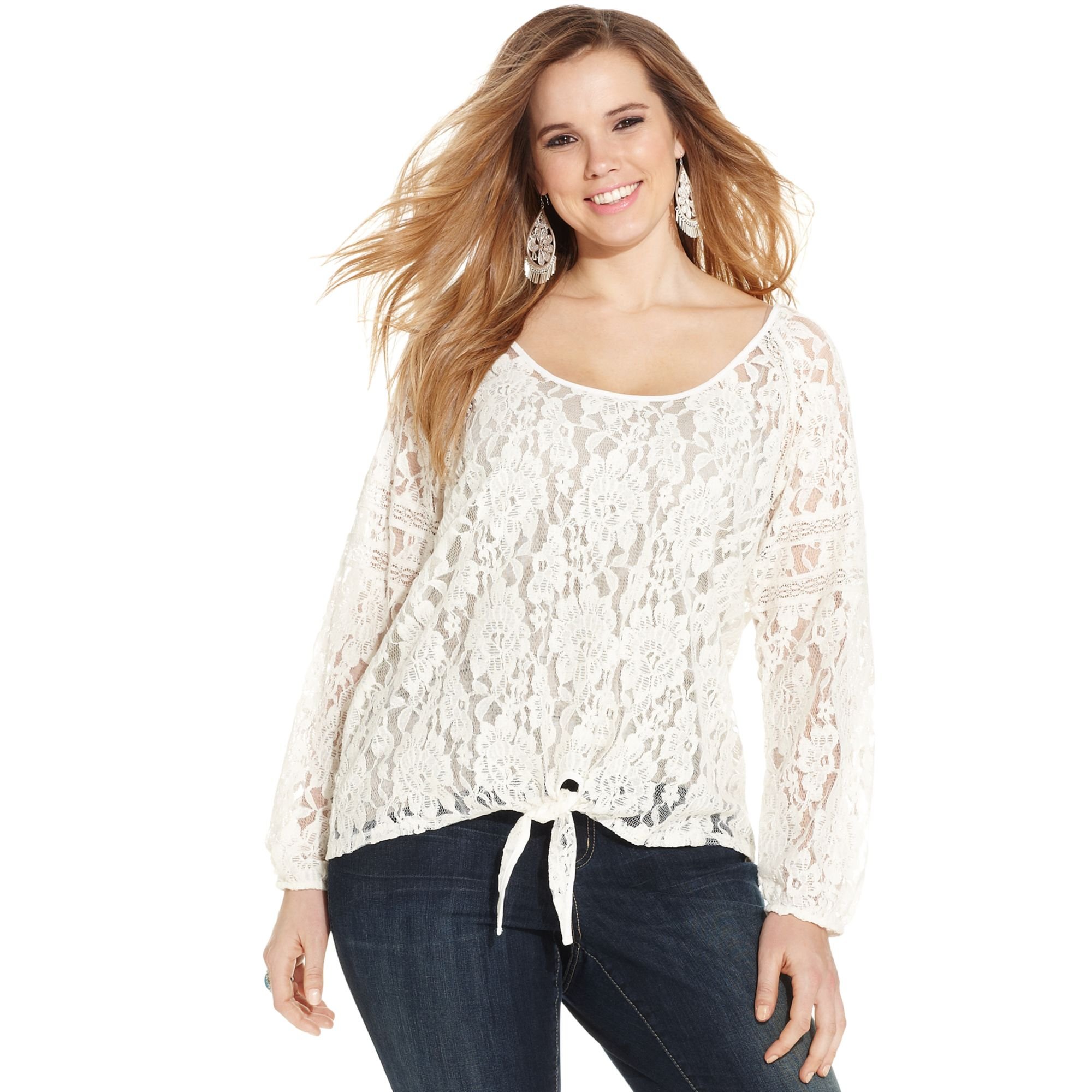 Jessica Simpson Plus Size Long Sleeve Lace Tie Front Top In White (snow 