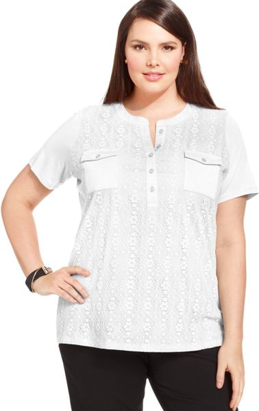 Jones New York Signature Plus Size Shortsleeve Lace Henley Top In White