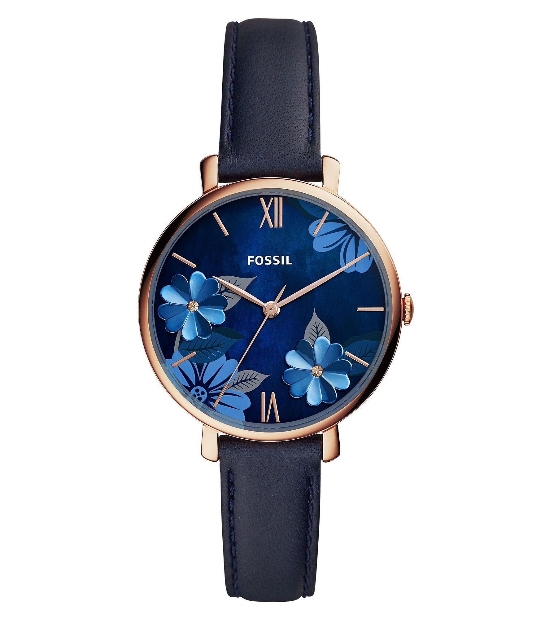 Fossil Jacqueline Three Hand Navy Floral Motif Leather Watch In Blue Lyst