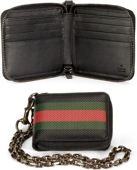 Gucci Perforated Leather Web Chain Wallet in Black for Men | Lyst