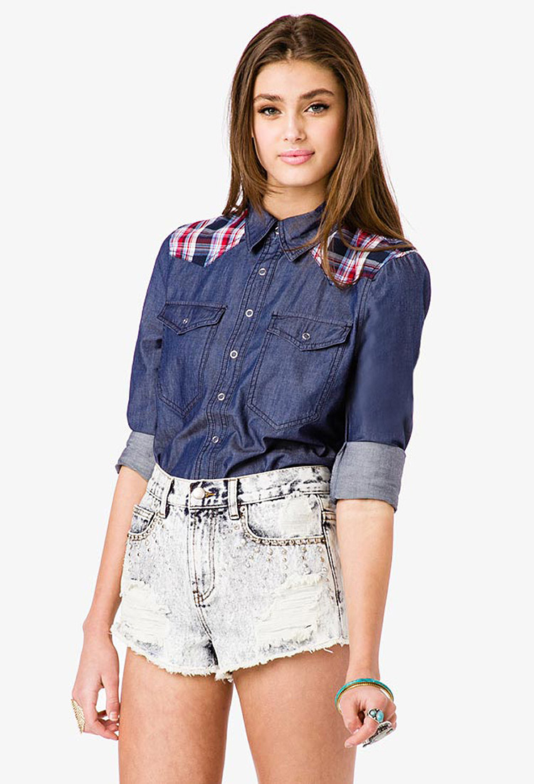 Forever 21 Western Chambray Shirt In Red Denim Red Lyst