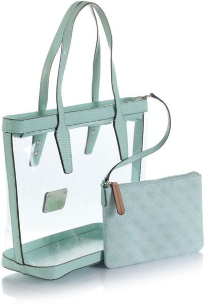 Guess Logo Remix Clear Plastic Tote Bag in Green (mint)