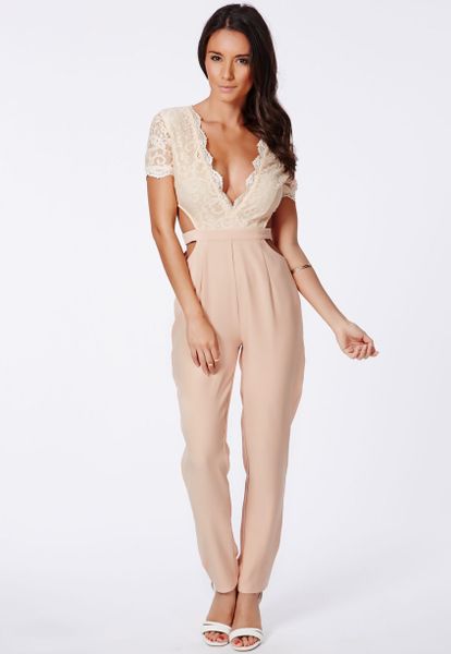 Missguided Nude Lace Top Cut Out Jumpsuit In Beige Nude Lyst