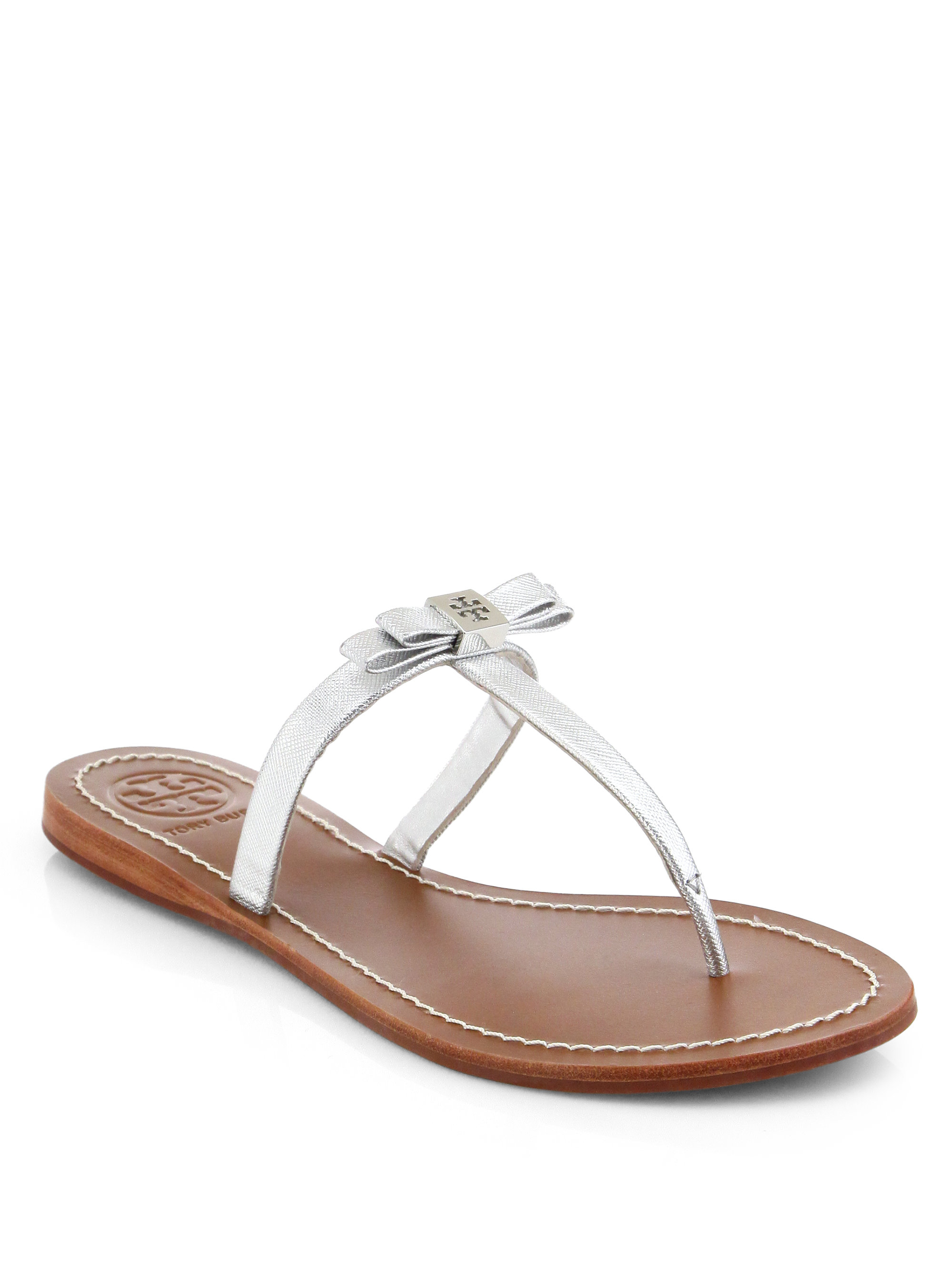 Tory Burch Leighanne Metallic Leather Thong Sandals in Silver | Lyst