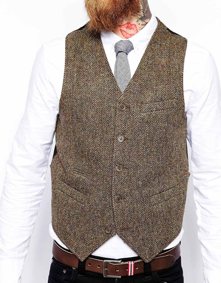 Asos Slim Fit Waistcoat In Harris Tweed In Brown For Men Lyst