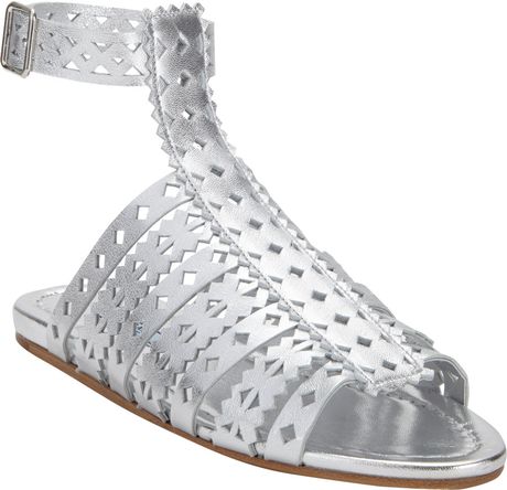 Prada Cutoutleather Flat Gladiator Sandal in Silver | Lyst Prada Cutoutleather Flat Gladiator Sandal in Silver | Lyst