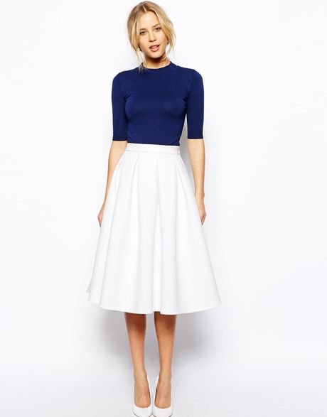 Asos Premium Full Midi Skirt In Bonded Crepe in White | Lyst