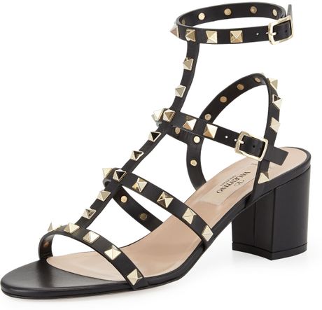 Valentino Rockstud Lowheel Cage Sandal Black in Gold (BLACK) - Lyst