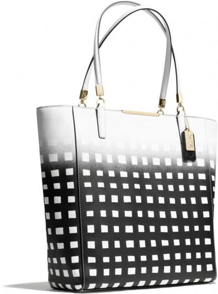 Coach Madison Northsouth Tote in Gingham Saffiano Leather in Black (LI/WHITE/BLACK) | Lyst