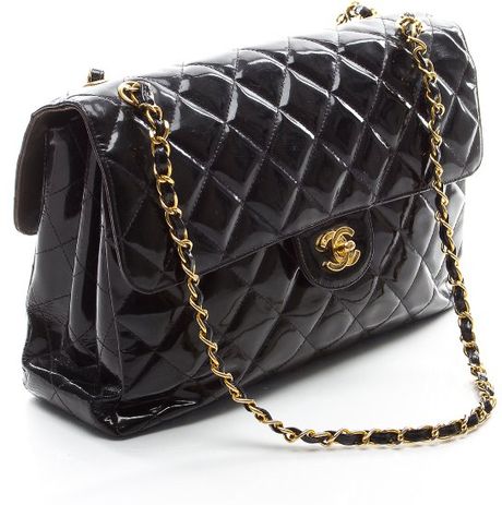 Chanel Preowned Black Patent Leather Jumbo Double Sided Flap Bag in Black | Lyst