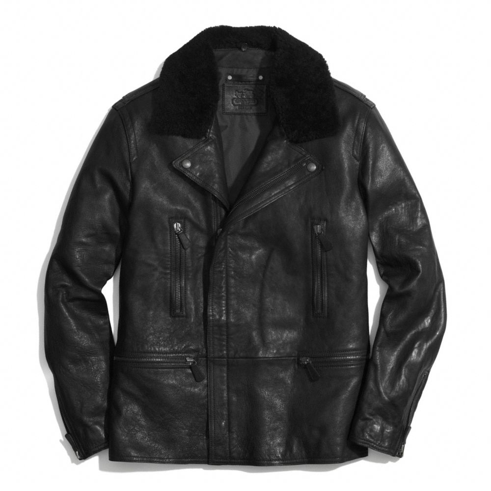 Coach Long Leather Moto Jacket With Shearling Collar in