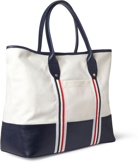 Thom Browne Leather and Canvas Tote Bag in White for Men