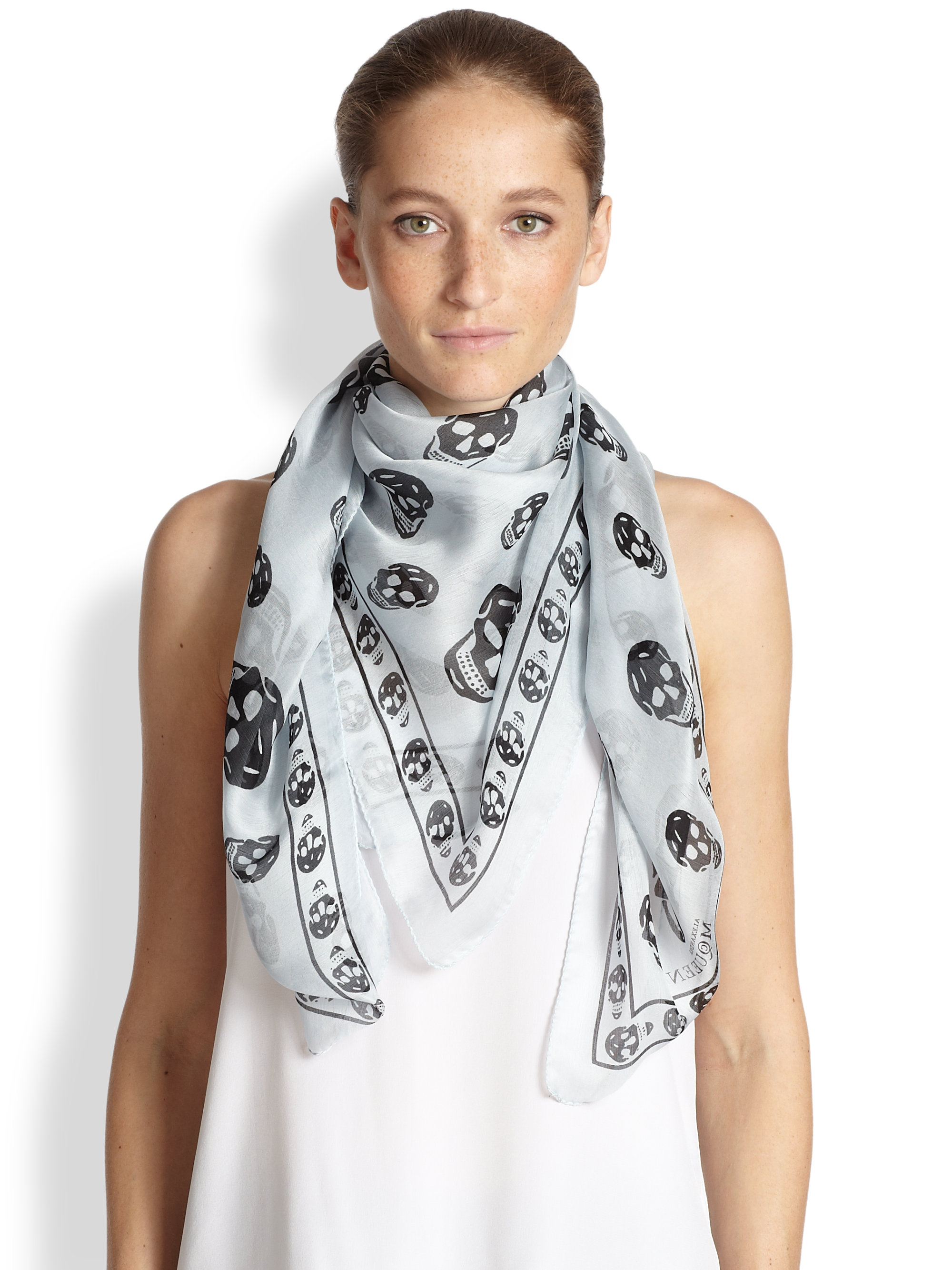 Alexander Mcqueen Silk Chiffon Skull Scarf in Blue (BLUEBLACK) Lyst