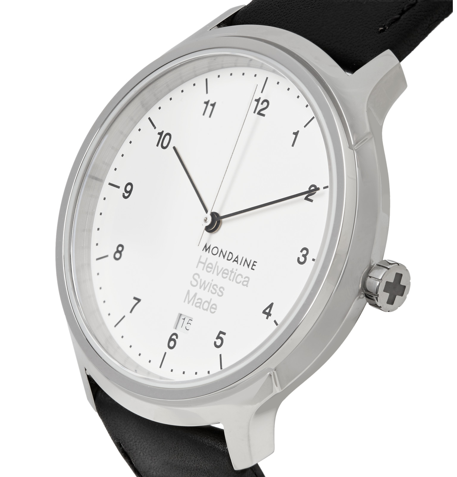 men"s black helvetica no1 stainless steel and leather watch