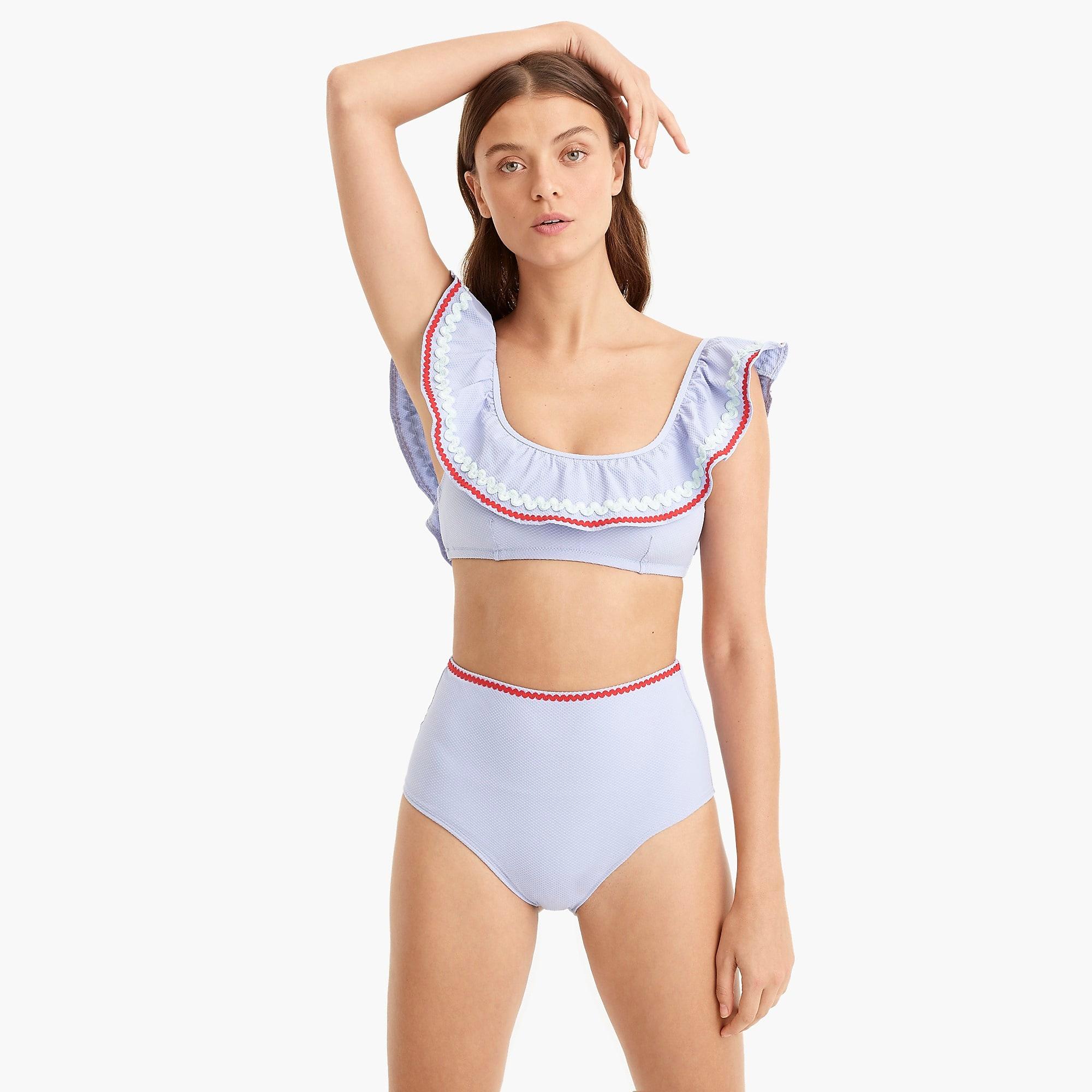 J Crew Synthetic Ruffle Bikini Top In Piqué Nylon With Rickrack Trim in