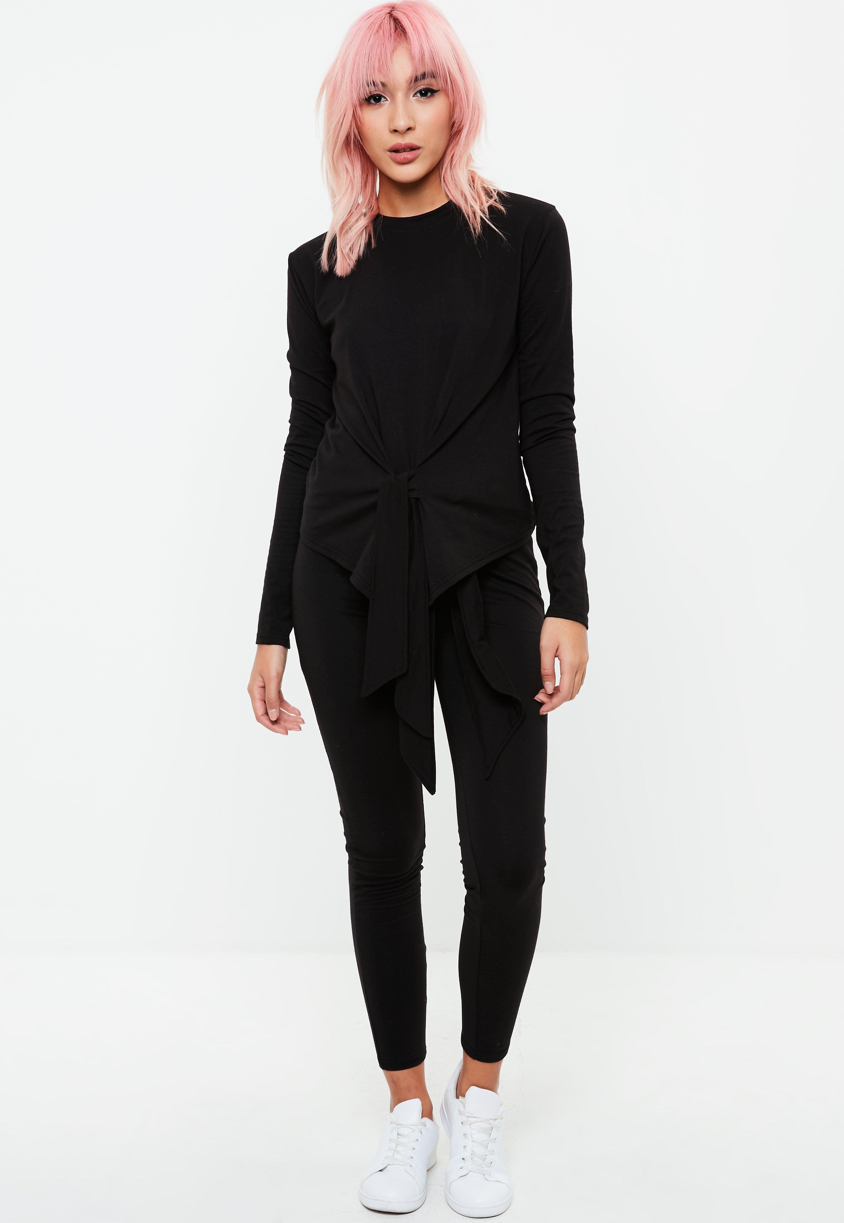 Lyst Missguided Black Long Sleeve Tie Front Lounge Set In Black