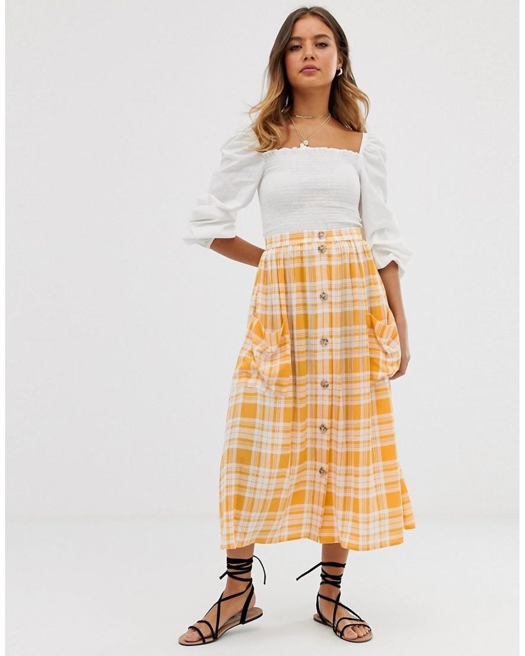 ASOS Textured Gingham Midi Skirt With Button Front - Lyst