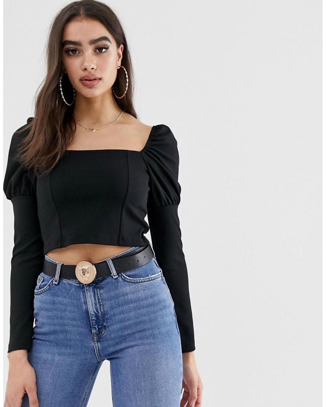 square neck long sleeve black top