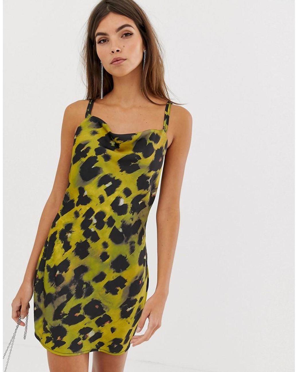 Lyst ASOS Bias Cut Mini Dress In High Shine Satin With Drape Neck In Abstract Animal