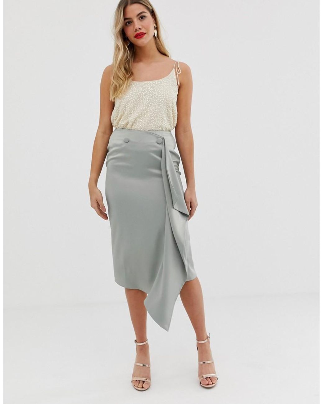 ASOS Satin Waterfall Wrap Midi Skirt in Blue - Lyst