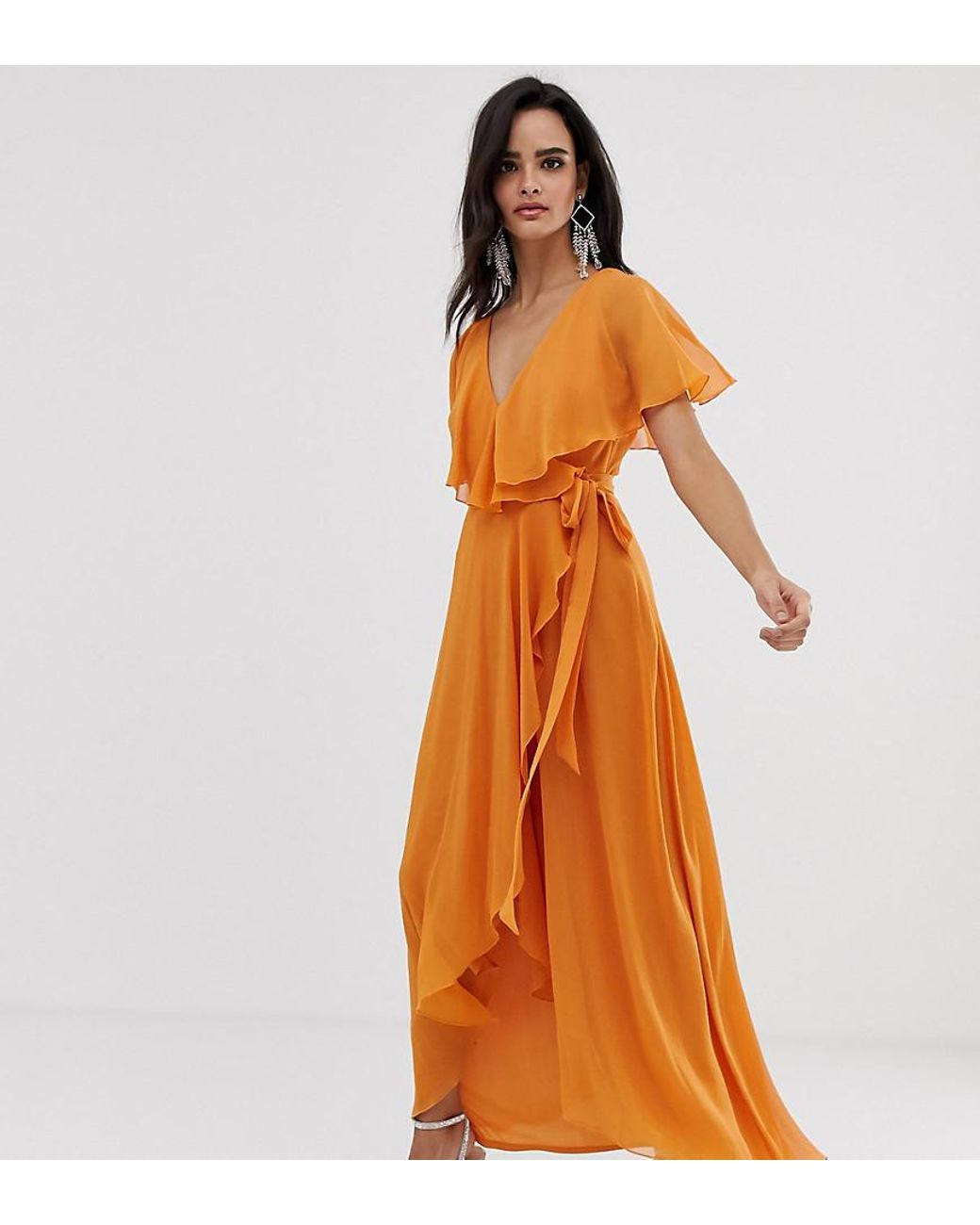 ASOS Maxi Dress With Cape Back And Dipped Hem in Orange - Lyst