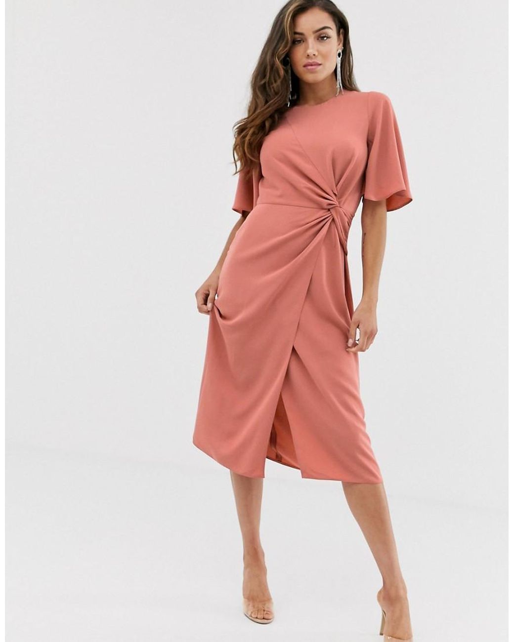 ASOS Twist Front Midi Dress With Angel Sleeve in Pink - Lyst