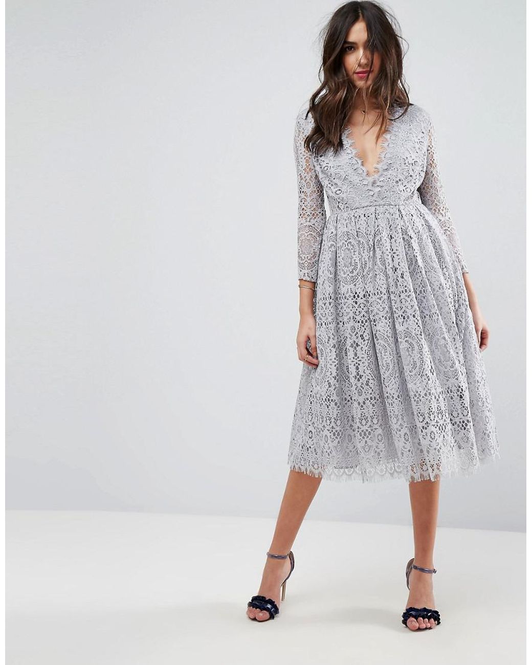 Lyst - ASOS Long Sleeve Lace Midi Prom Dress in Gray