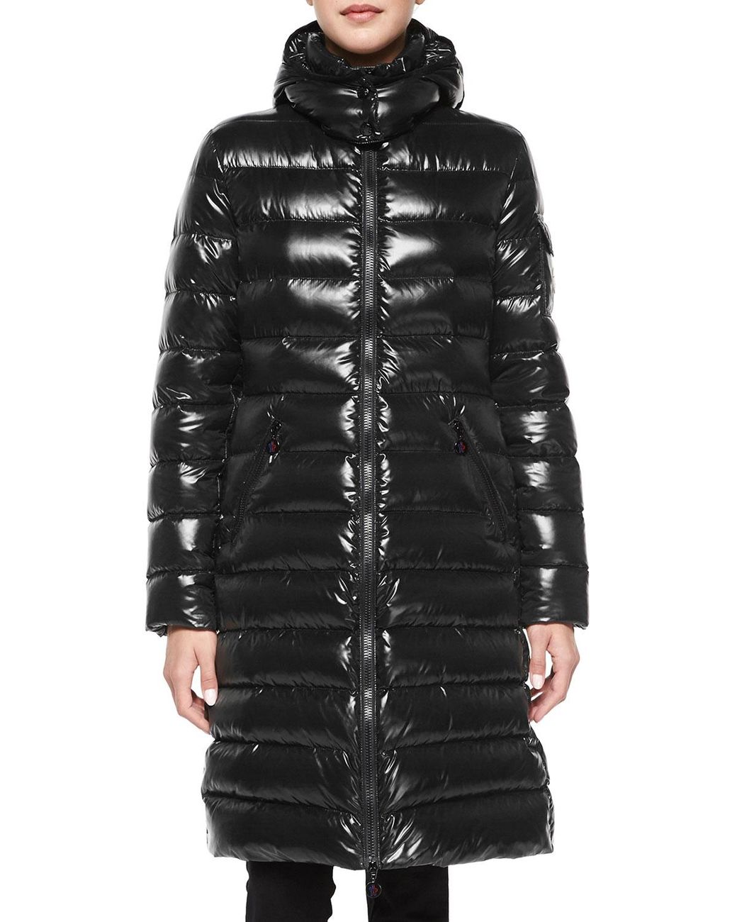 Lyst - Moncler Moka Shiny Fitted Puffer Coat With Hood in Black