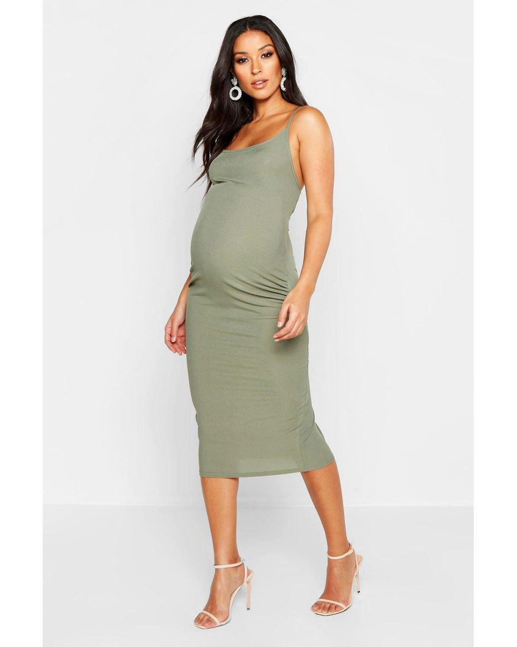 Boohoo Maternity Strappy Rib Bodycon Midi Dress in Green - Lyst