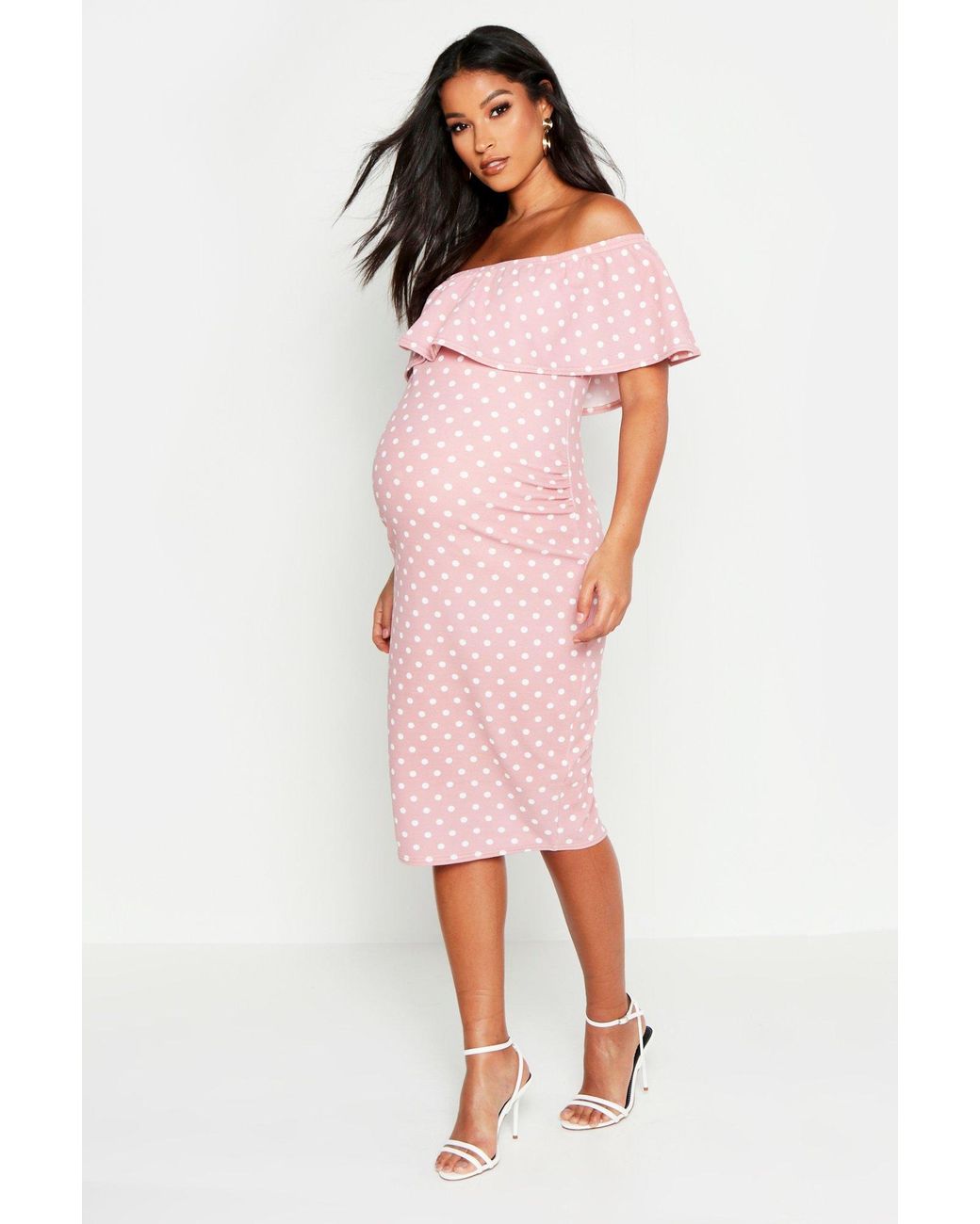 Boohoo Maternity Bardot Polka Dot Ruffle Midi Dress in Pink - Lyst