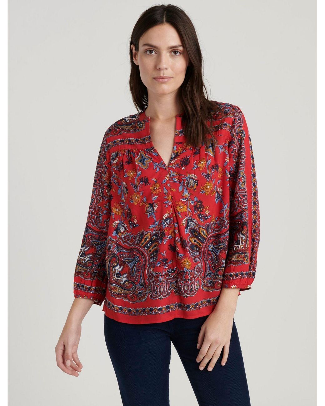 Lucky Brand Rami Peasant Top in Red - Lyst