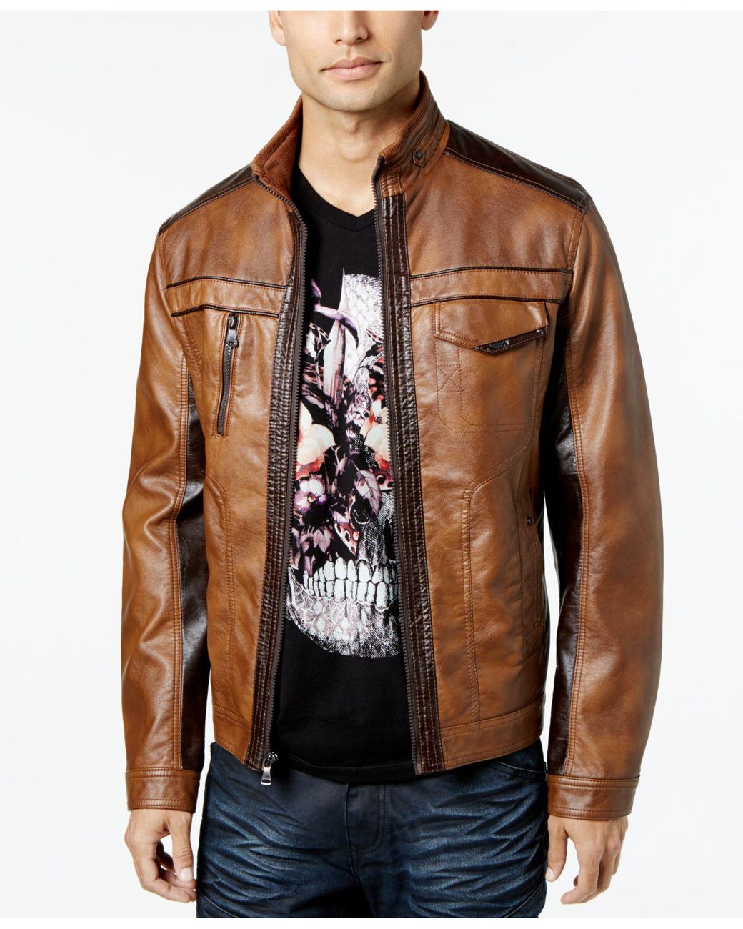 Inc International Concepts Jones Two Tone Faux Leather Jacket In Brown For Men Save 59 Lyst 