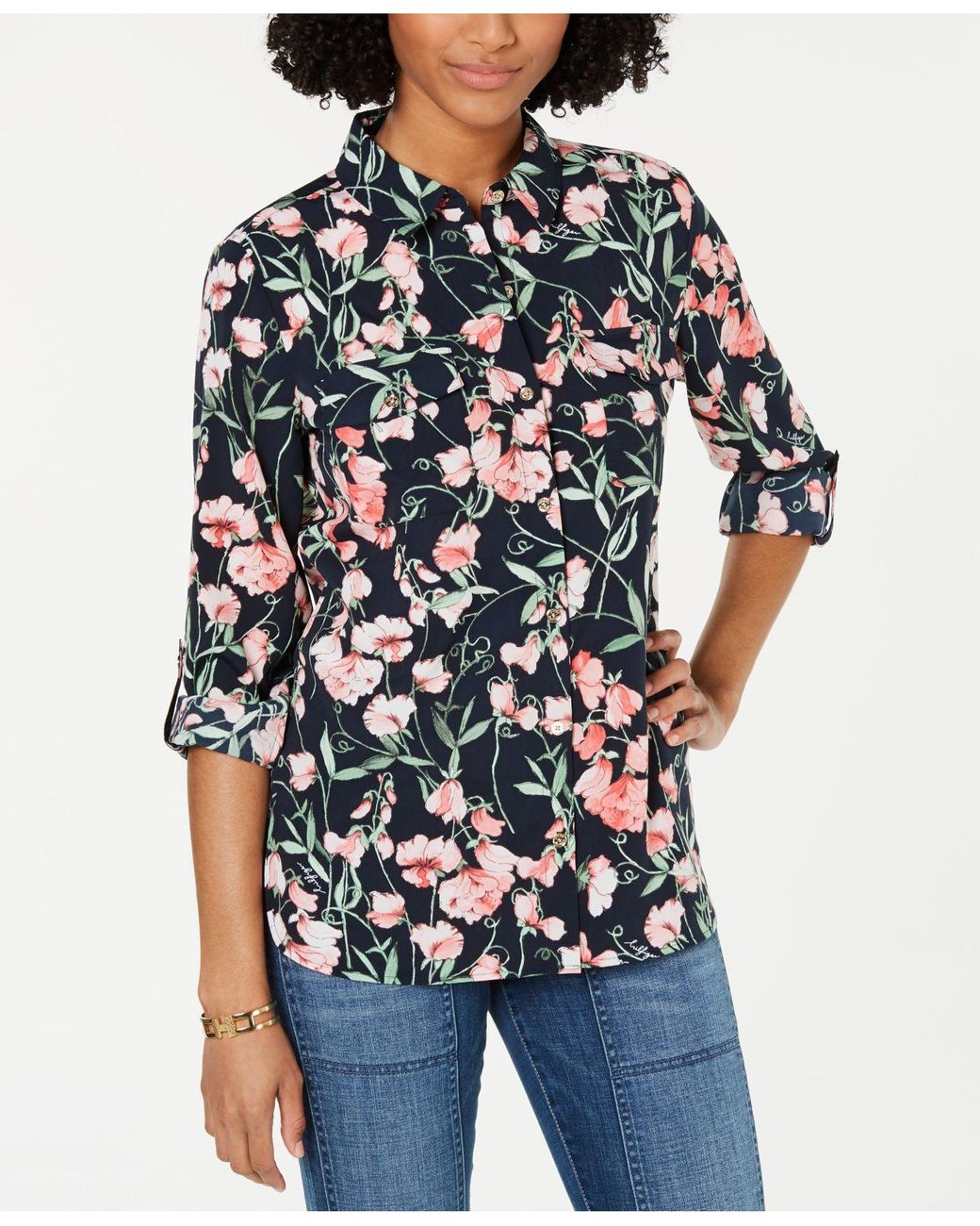 Tommy Hilfiger Floral-print Roll-tab Blouse - Lyst