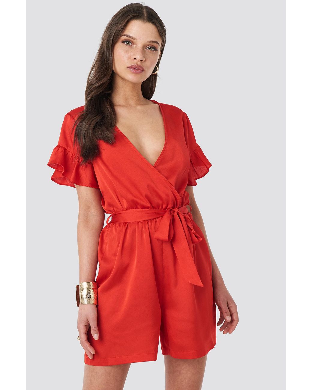NA-KD Frill Sleeve Playsuit Beige in Natural - Lyst