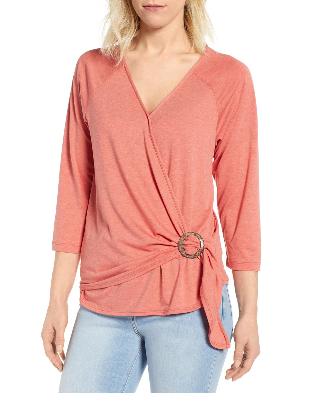 Lyst Bobeau Zuri Short Sleeve Faux Wrap Top in Pink