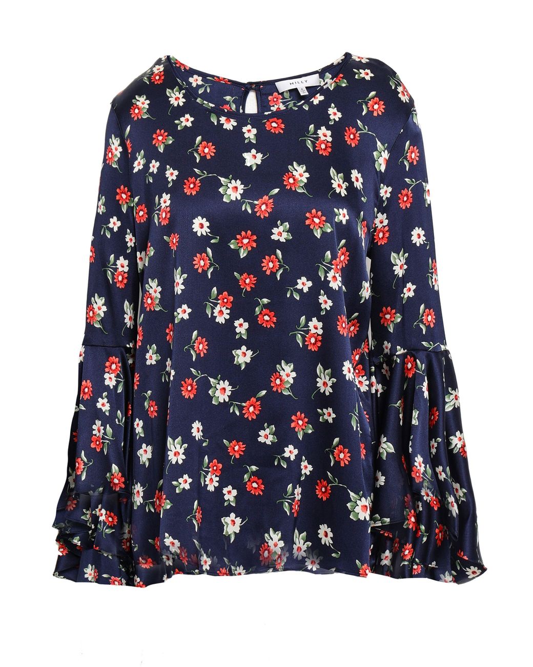 MILLY Fluted Floral-print Silk-blend Satin Blouse Navy in Blue - Lyst
