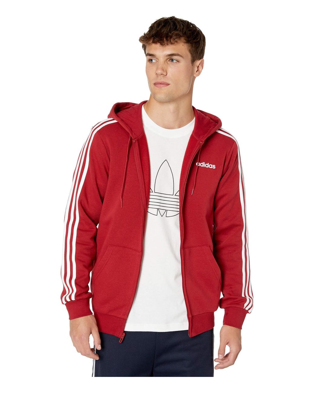 adidas Essentials 3stripes Fleece Full Zip Hoodie in Red for Men Lyst