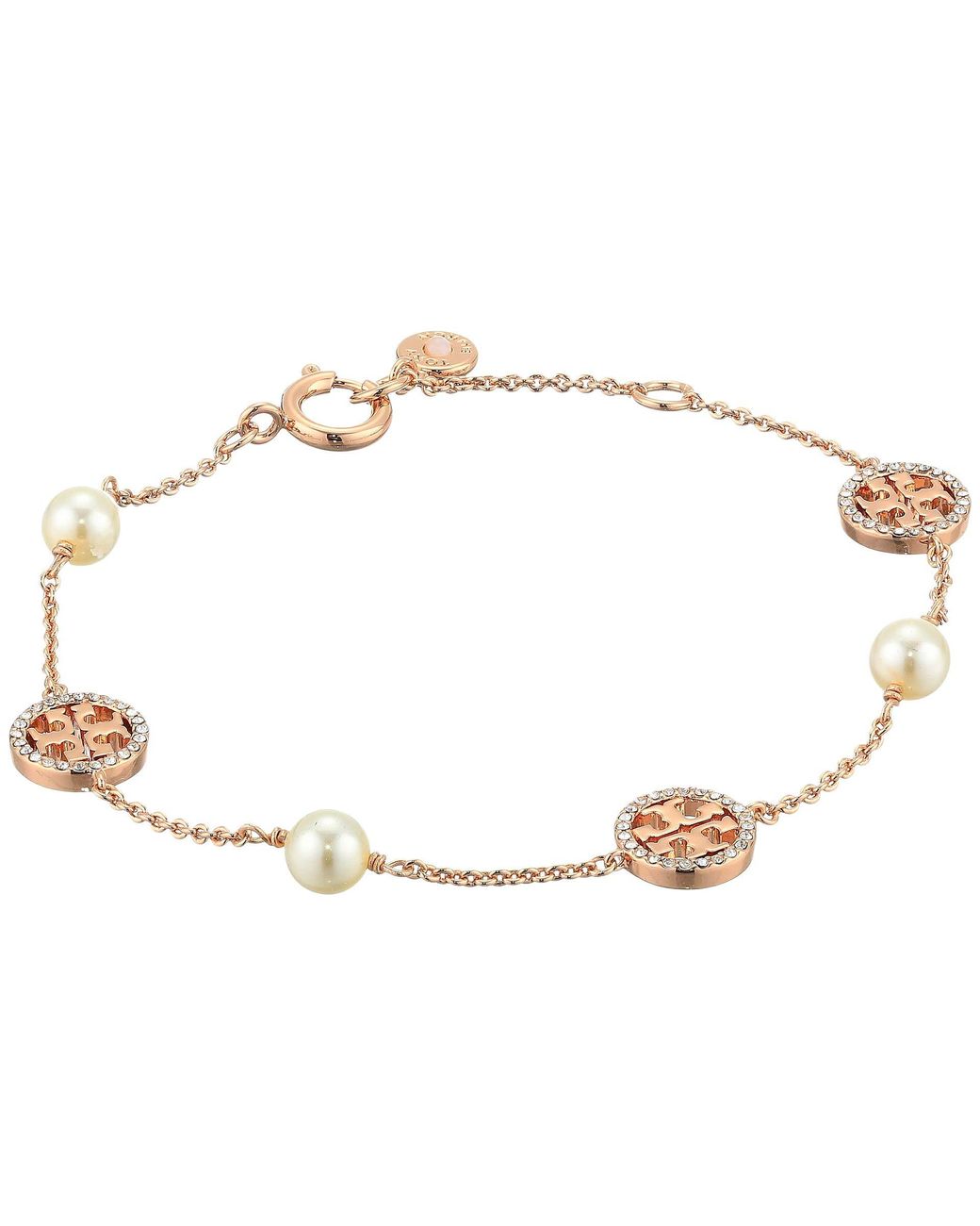 Tory Burch Crystal Pearl Delicate Logo Bracelet in Rose Gold/ Crystal