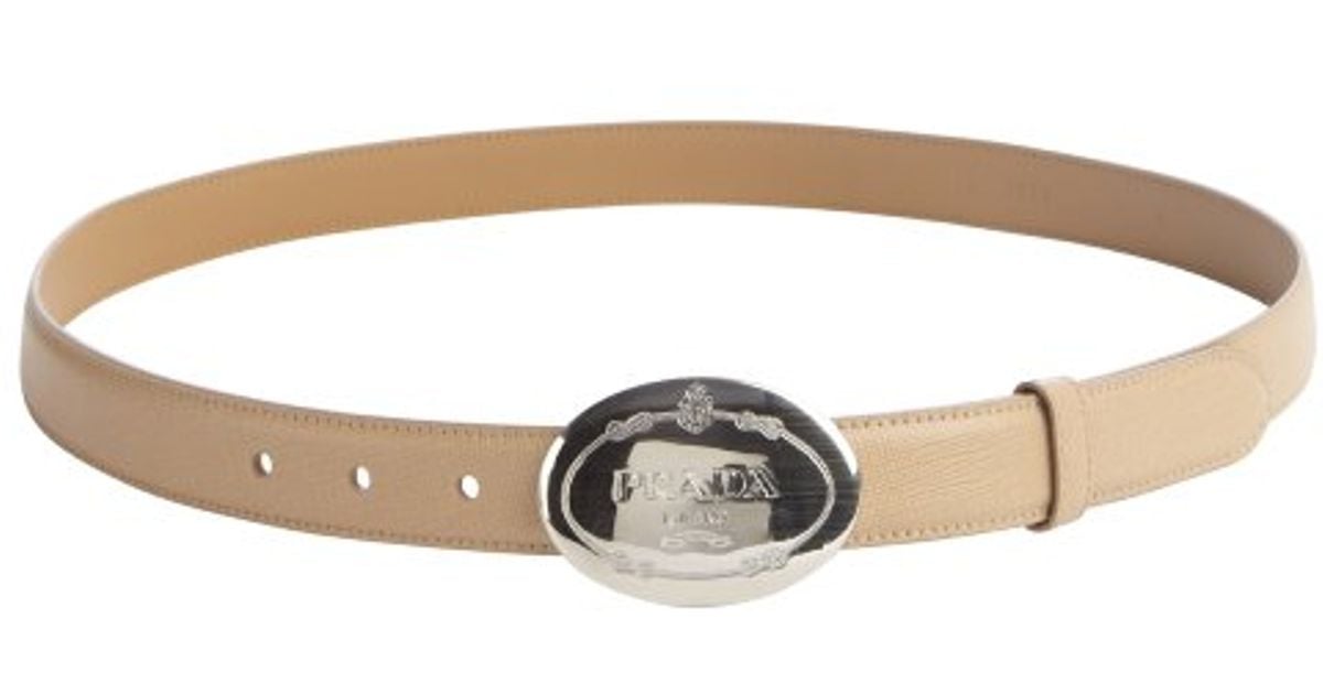 Prada Sandy Brown Leather Engraved Logo Buckle Classic Belt in ...  