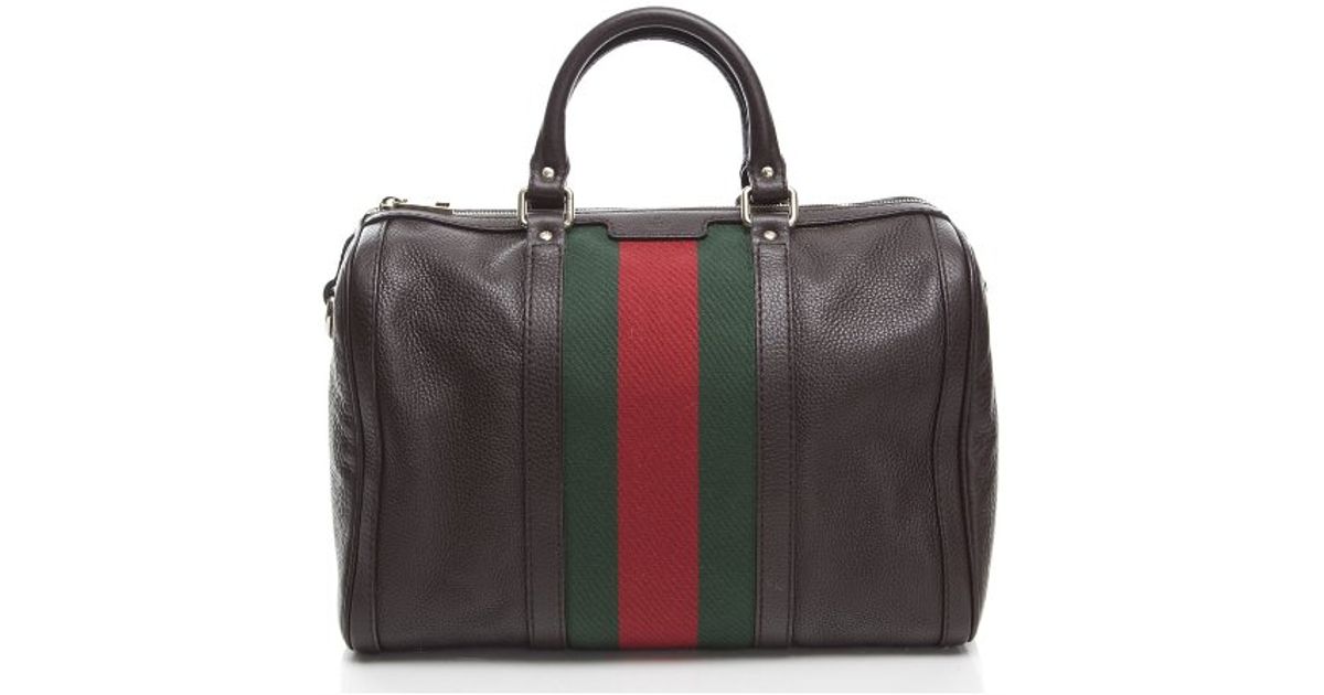 Lyst Gucci Pre Owned Brown Leather Vintage Web Boston Bag In
