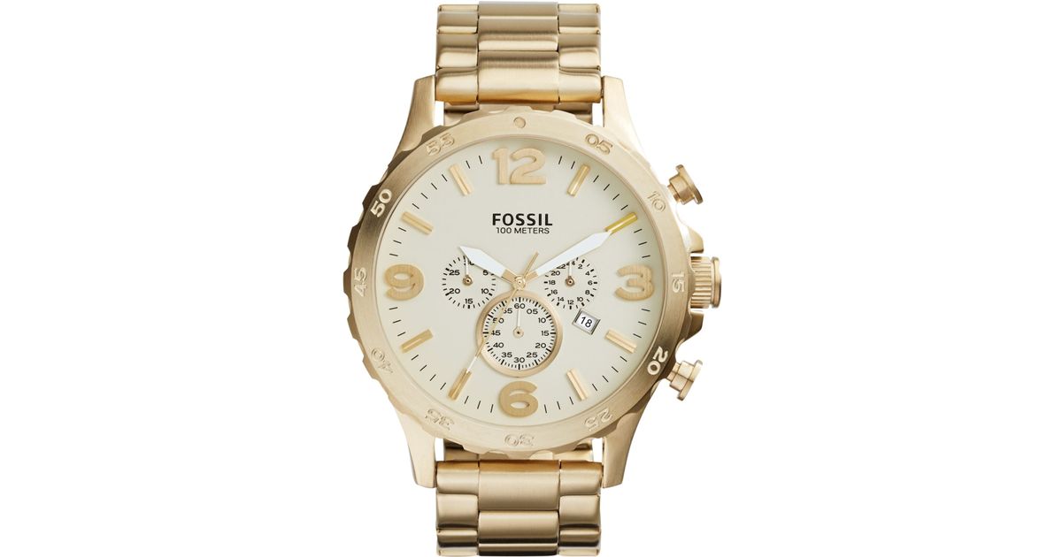 Fossil Mens Chronograph Nate Gold Tone Stainless Steel Bracelet Watch 50mm Jr1479 In Metallic 8882