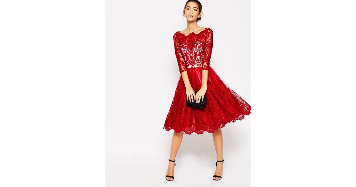 Chi Chi London Premium Lace Midi Prom Dress With Bardot Neck And 34 Sleeve In Red Lyst 0209