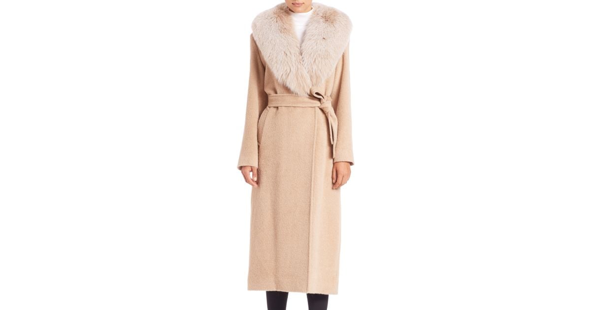 Sofia cashmere Long Fur-trimmed Wrap Coat in Natural | Lyst
