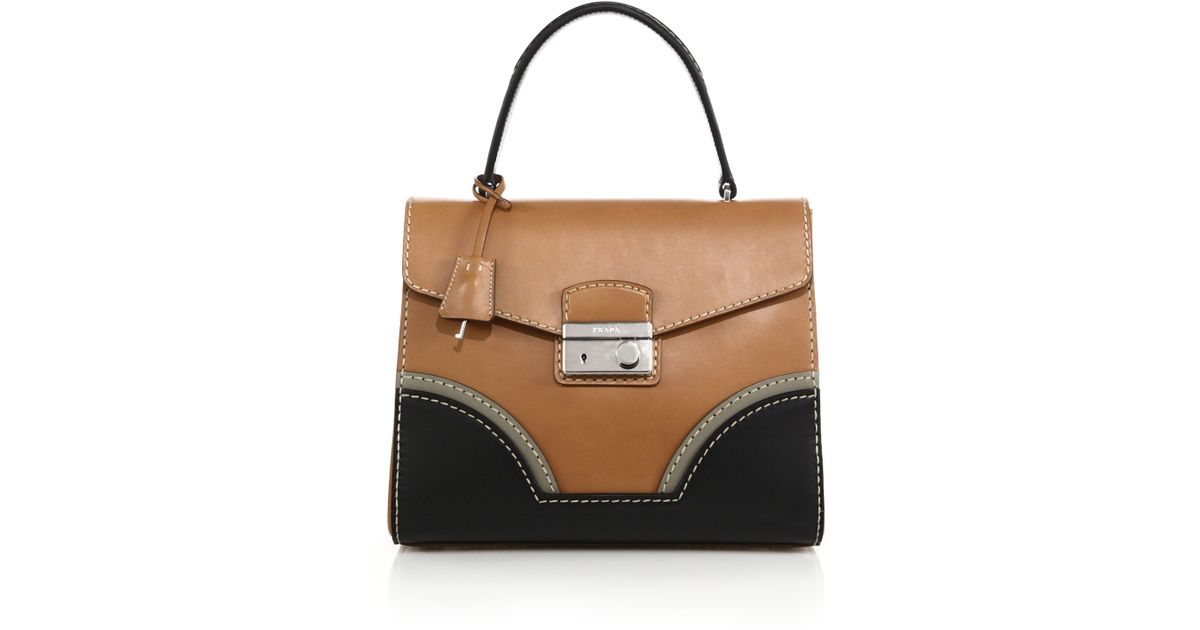Prada Calf Leather Top-handle Bag in Brown (TAN-BLACK) | Lyst