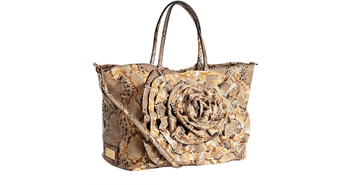 Lyst Valentino Tan Snake Embossed Rosette Handbag In Natural