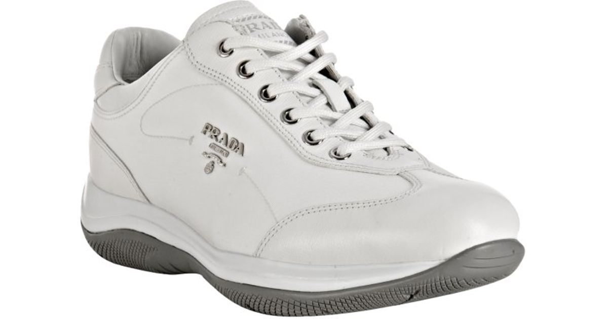 Prada Sport White Nylon Logo Plate Saffiano Trim Sneakers in White ...  