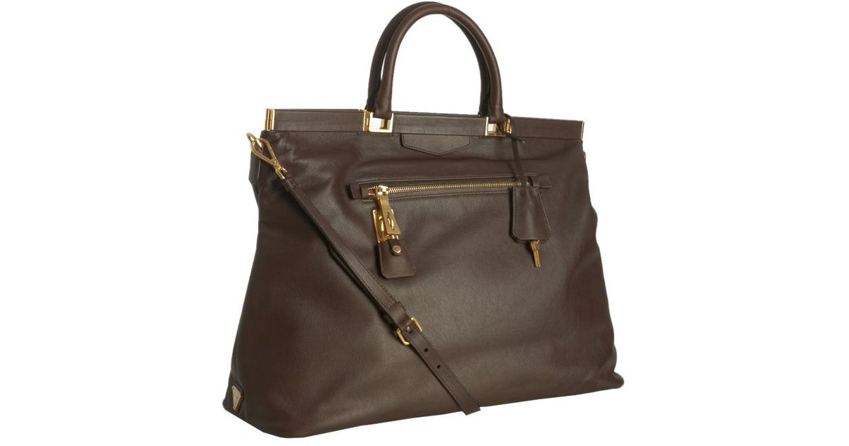 Lyst Prada Chestnut Calfskin Hinge Frame Top Handle Bag In Brown
