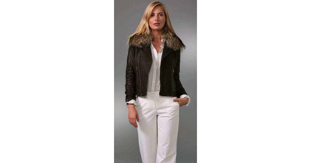 Theory Brown Elston Leather Jacket With Fur Collar Lyst