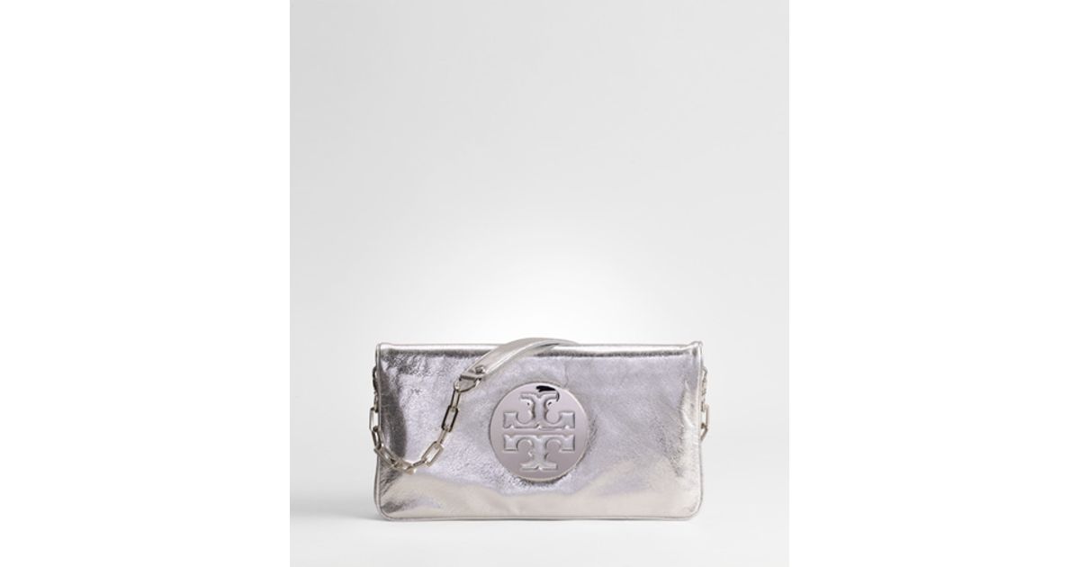 tory burch metallic reva clutch