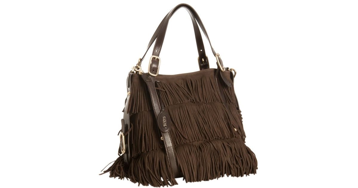 Lyst Tod S Coffee Suede G Bag Fringe Media Tote In Brown